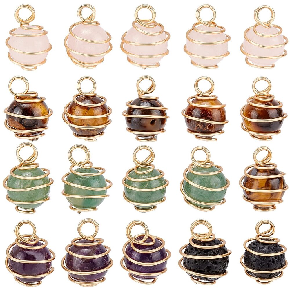 1804 20Pcs Natural Gemstone Cage Pendants with Real 18K Gold Plated Copper